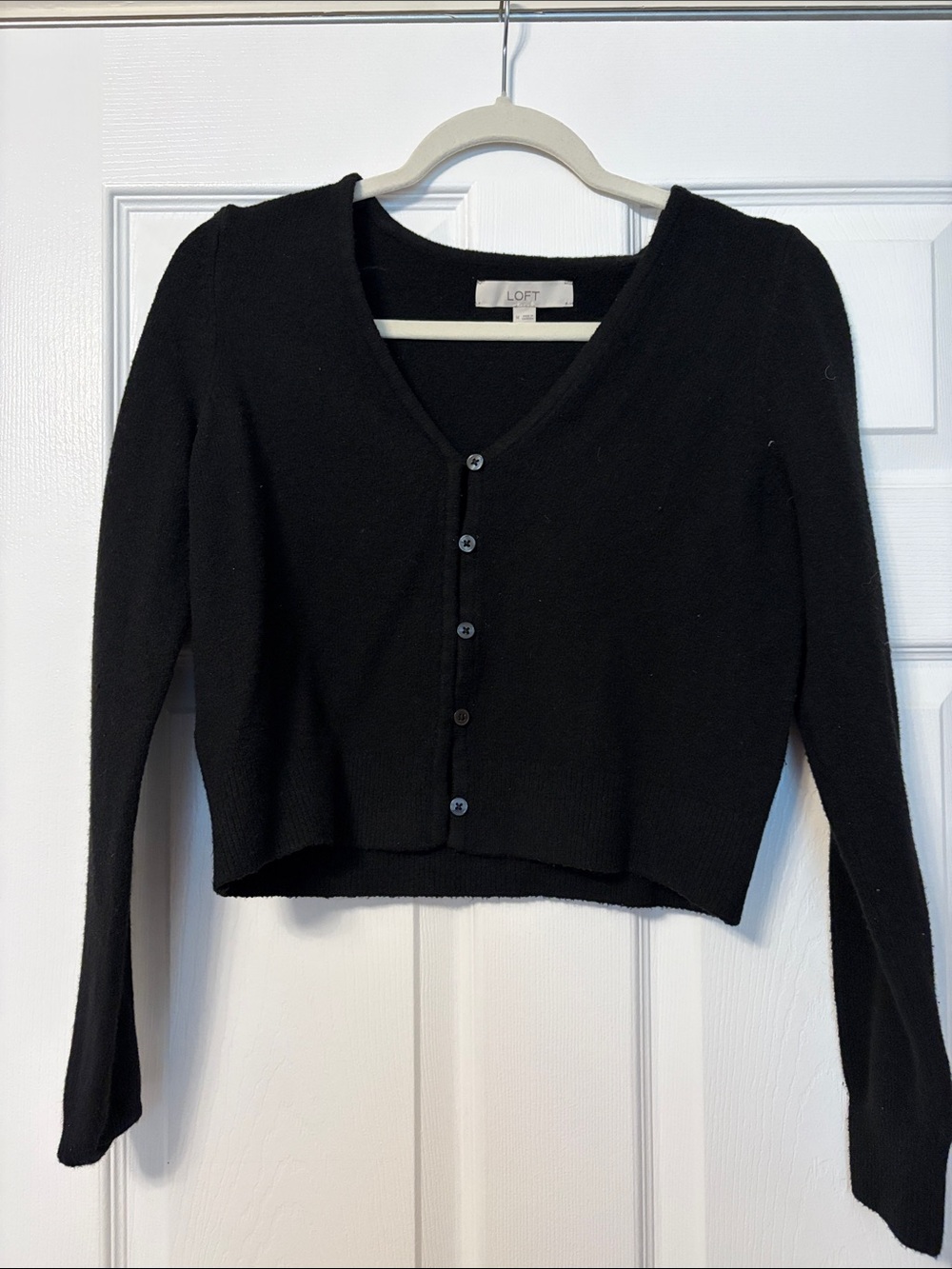 LOFT Black V-Neck Cropped Button-Front Cardigan